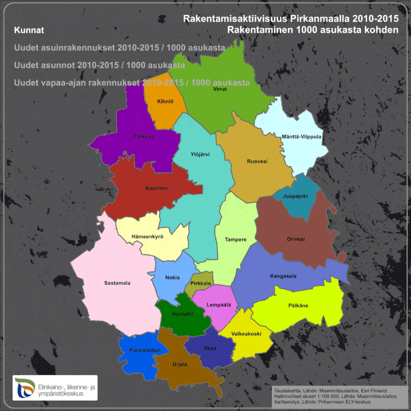 Animaatio rakentamisaktiivisuudesta Pirkanmaalla 2010-2015 1000 asukasta kohden