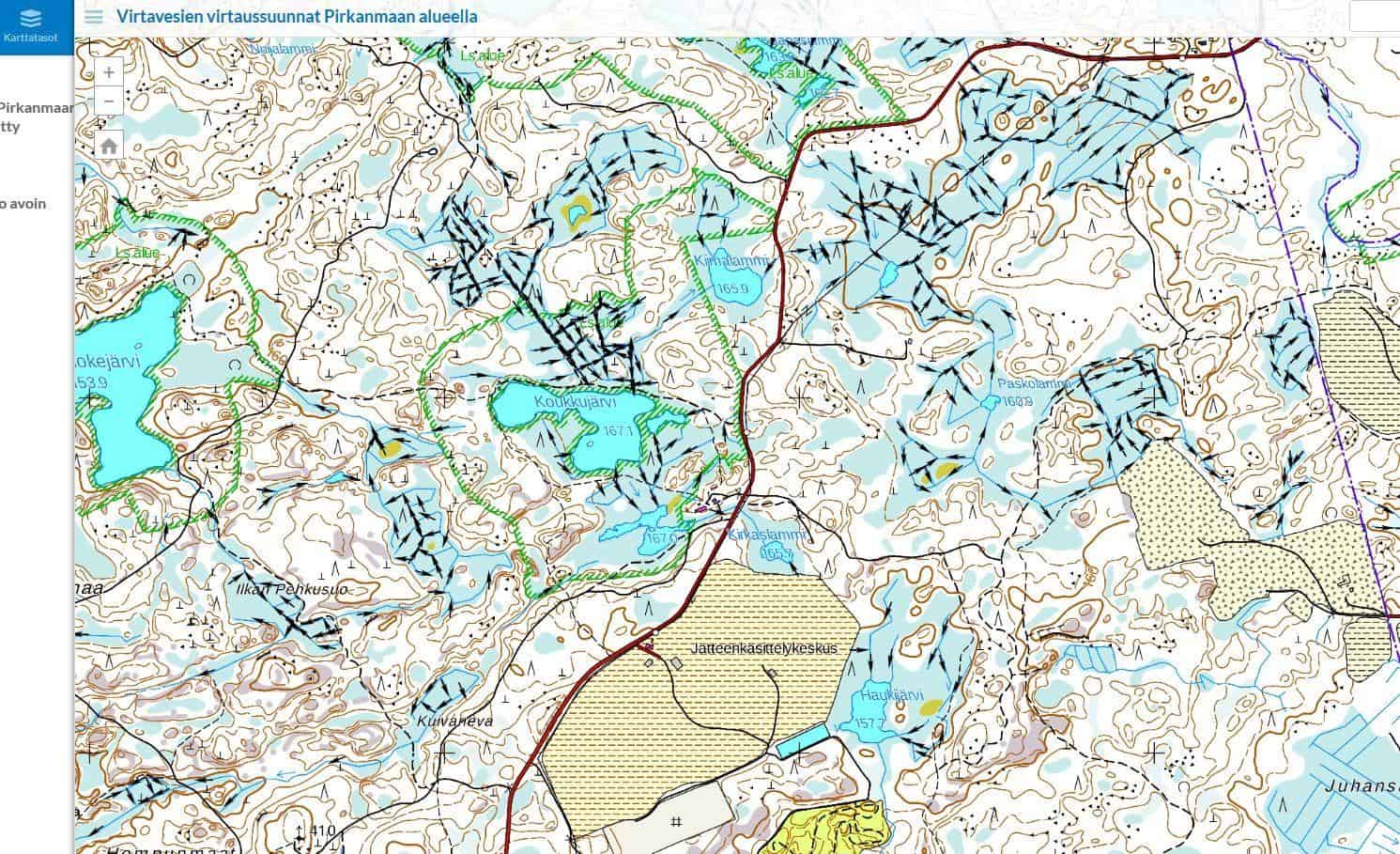 Jokien, purojen ja ojien virtaussuunnat Pirkanmaalla - Paikkatieto